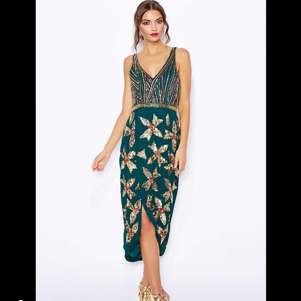 ASOS Virgos Lounge Green V Neck Wrap Midi Dress Sequin Beaded Size 4 NWT✨💚